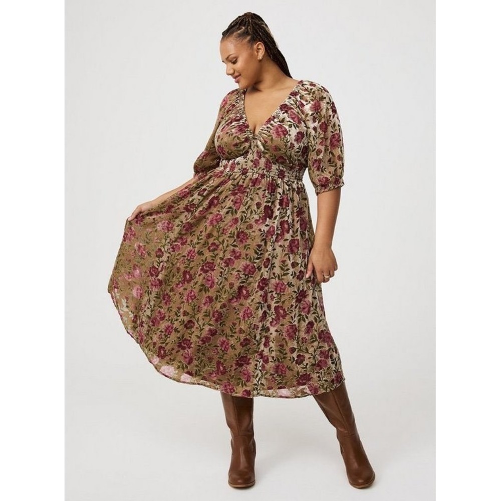 Torrid Floral Burnout Velvet Midi Dress Mauve Taupe Smocked Waist Pockets 1 1X